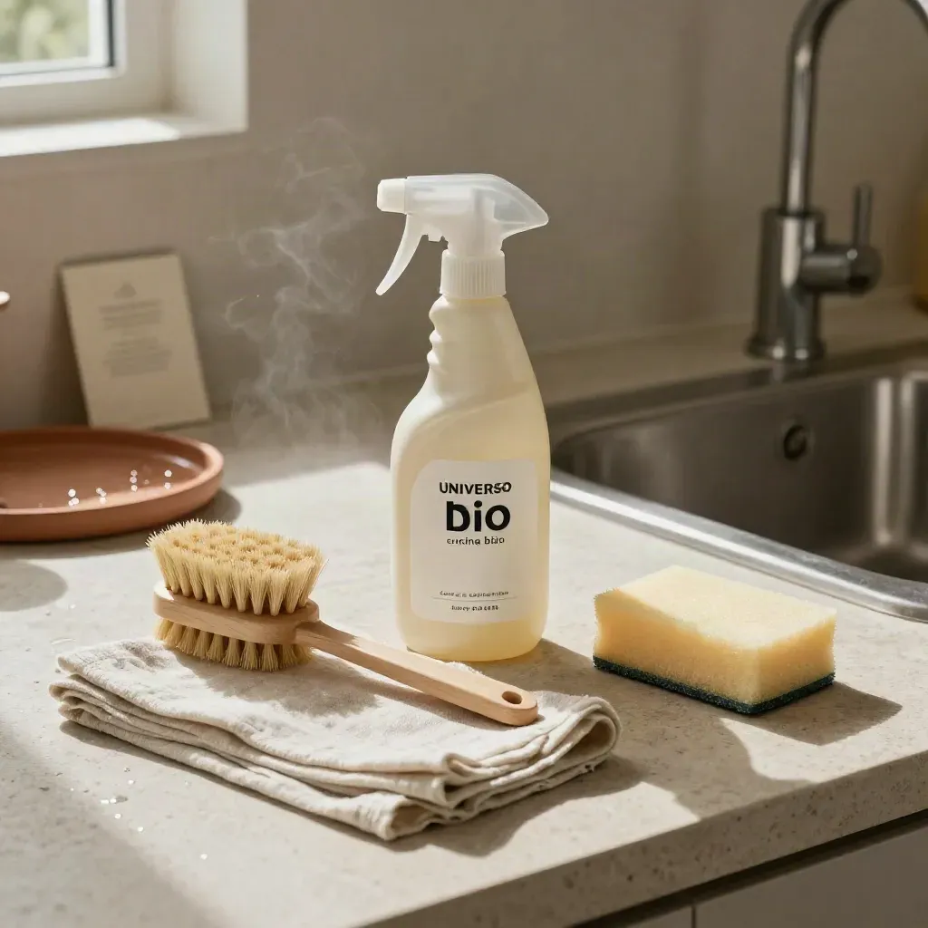 Spray, detergente, spazzola, panno e spugna bio su pietra chiara, luce naturale.