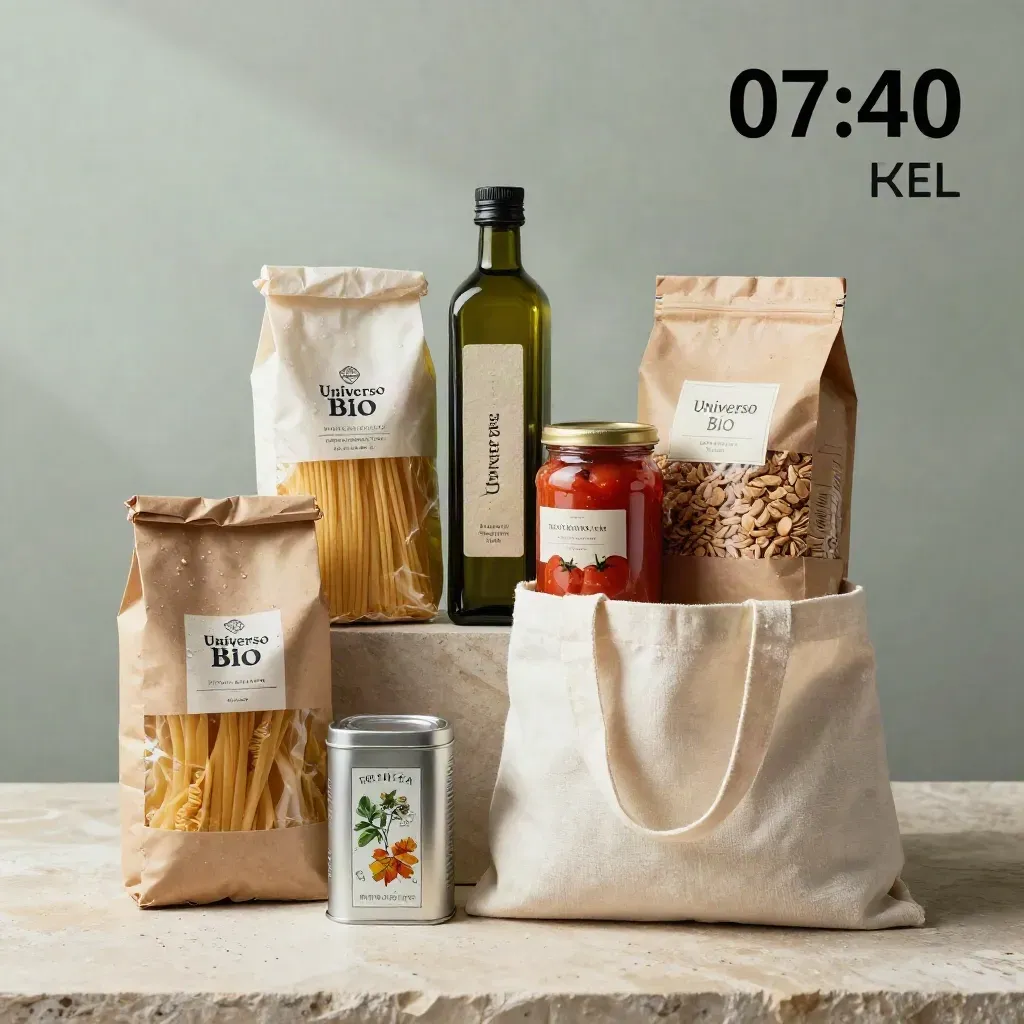 Kit spesa bio per famiglia con pasta, olio, cereali, tisane, conserve e tote in lino.