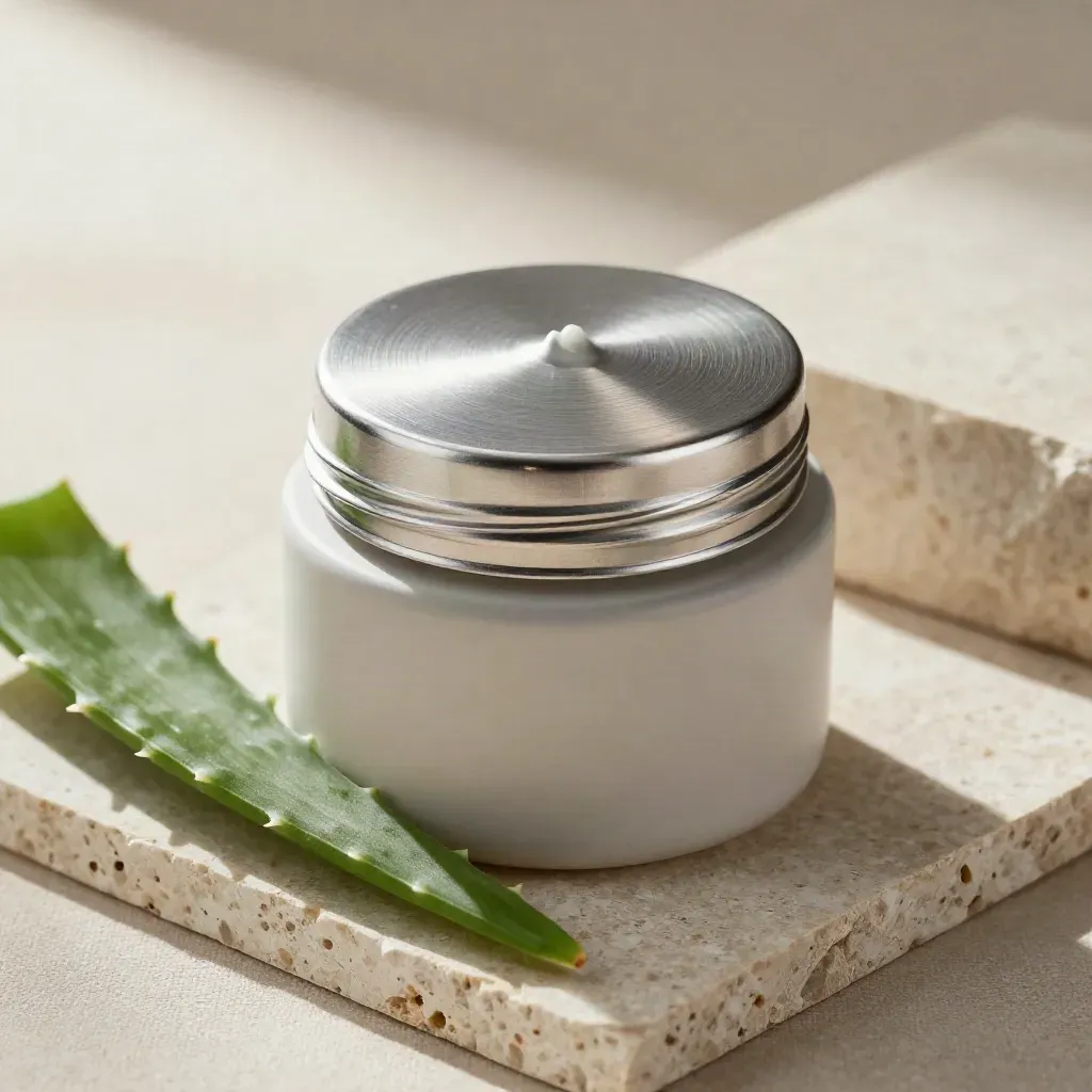 Crema viso bio in vasetto anonimo con aloe, pietra levigata e lino piegato.