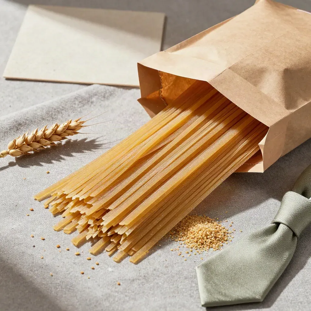 Sacchetto anonimo di pasta integrale con spighe di grano duro e semola su lino chiaro.
