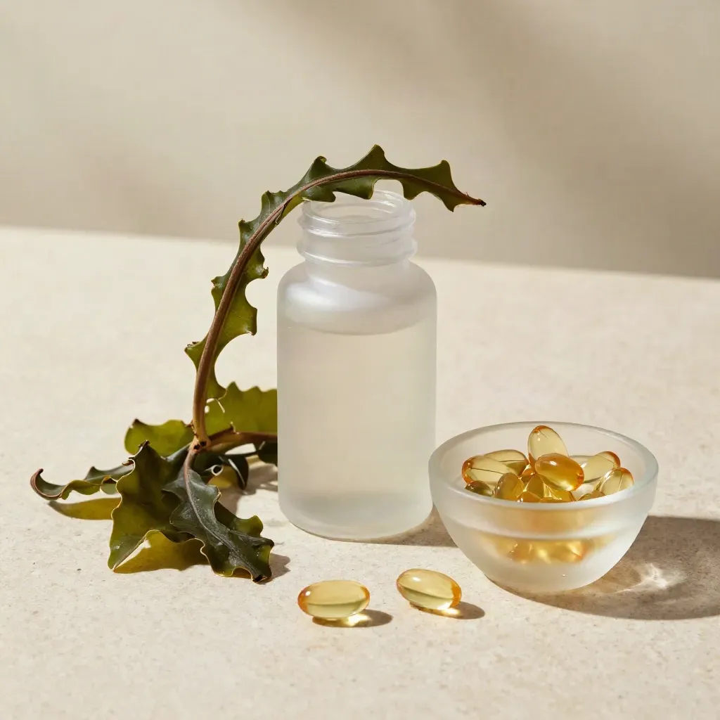 Flacone anonimo di omega 3 da alghe con alga secca e ciotola in vetro su travertino.