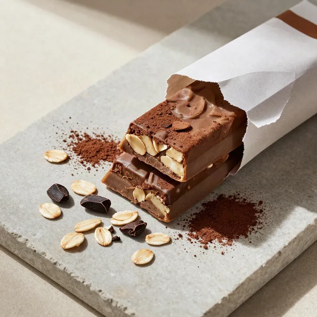 Barrette avena e cacao in flat lay con fiocchi d’avena, cacao nibs e carta strappata