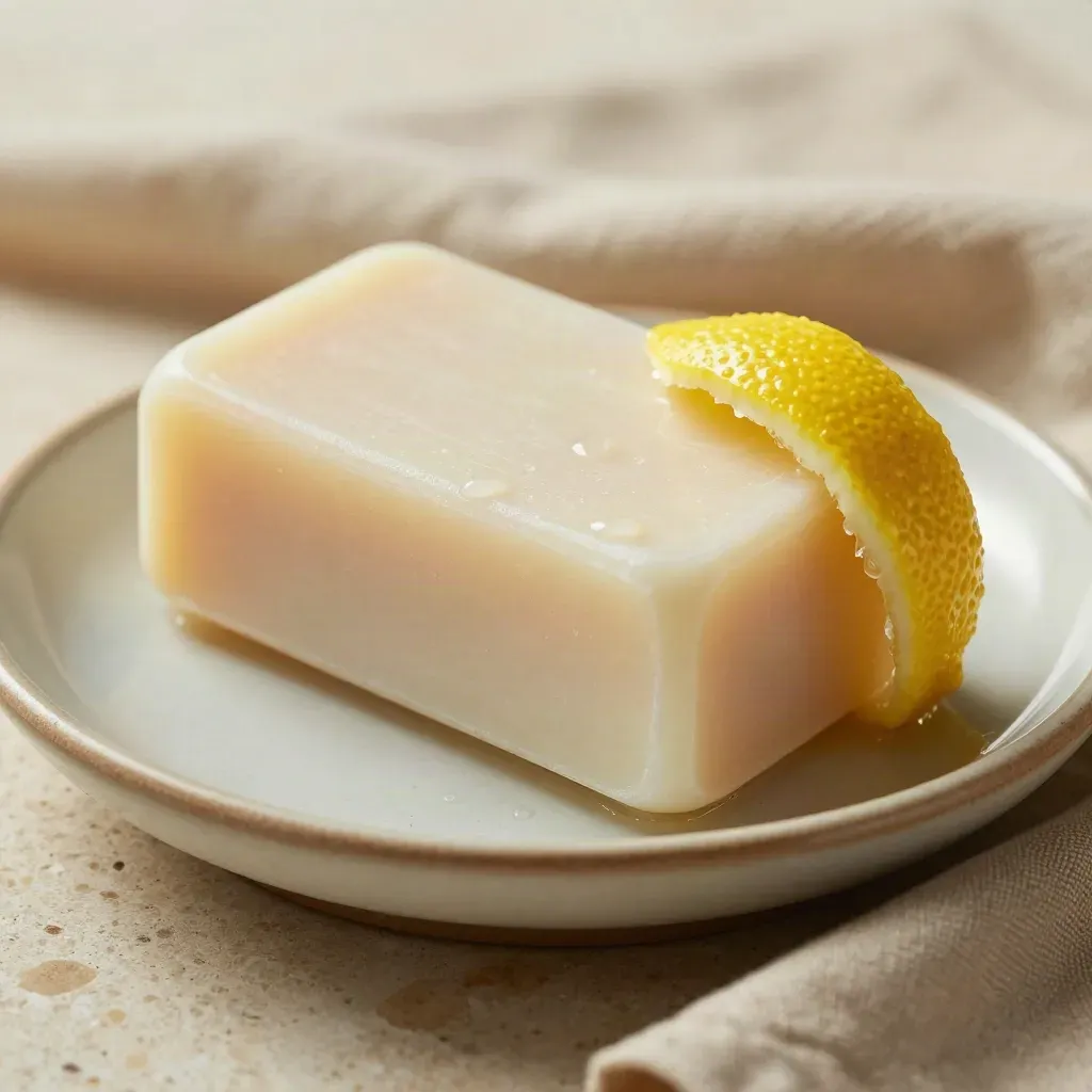 Saponetta al limone con gocce d’acqua su piattino chiaro, macro ravvicinato.