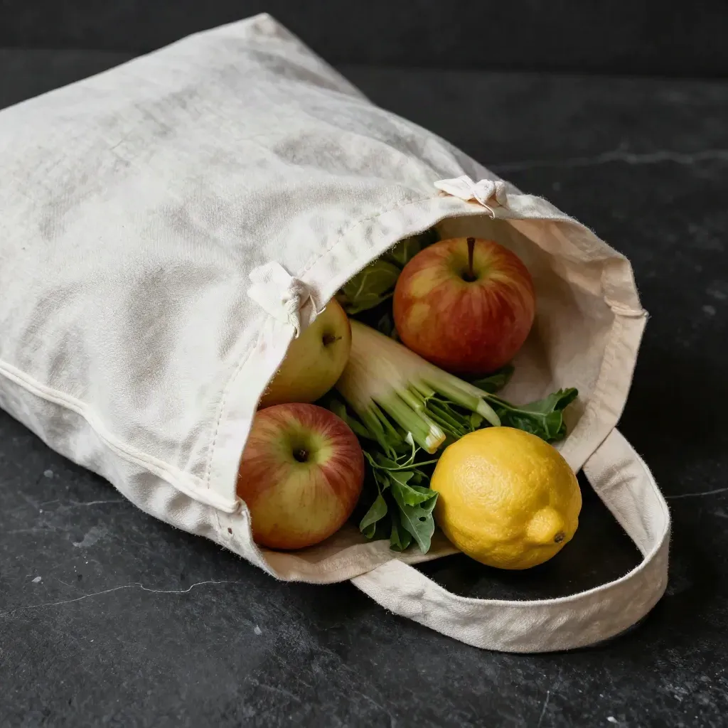 Sacchetti riutilizzabili con frutta e verdura su fondo scuro, luce drammatica