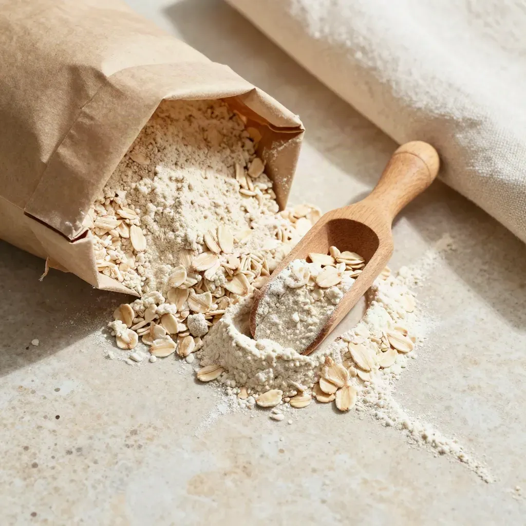 Sacco anonimo di farina d’avena con mestolo di legno, fiocchi e polvere su travertino chiaro.