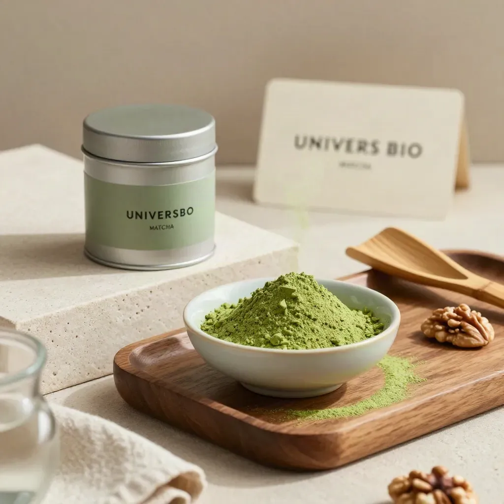 Matcha in barattolo anonimo con ciotola e cucchiaino su legno chiaro, polvere verde sospesa