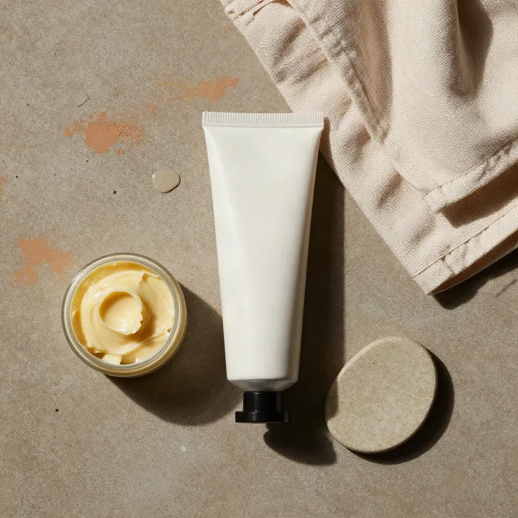 Flat lay della crema mani karité con asciugamano piegato e pietra levigata su cemento.