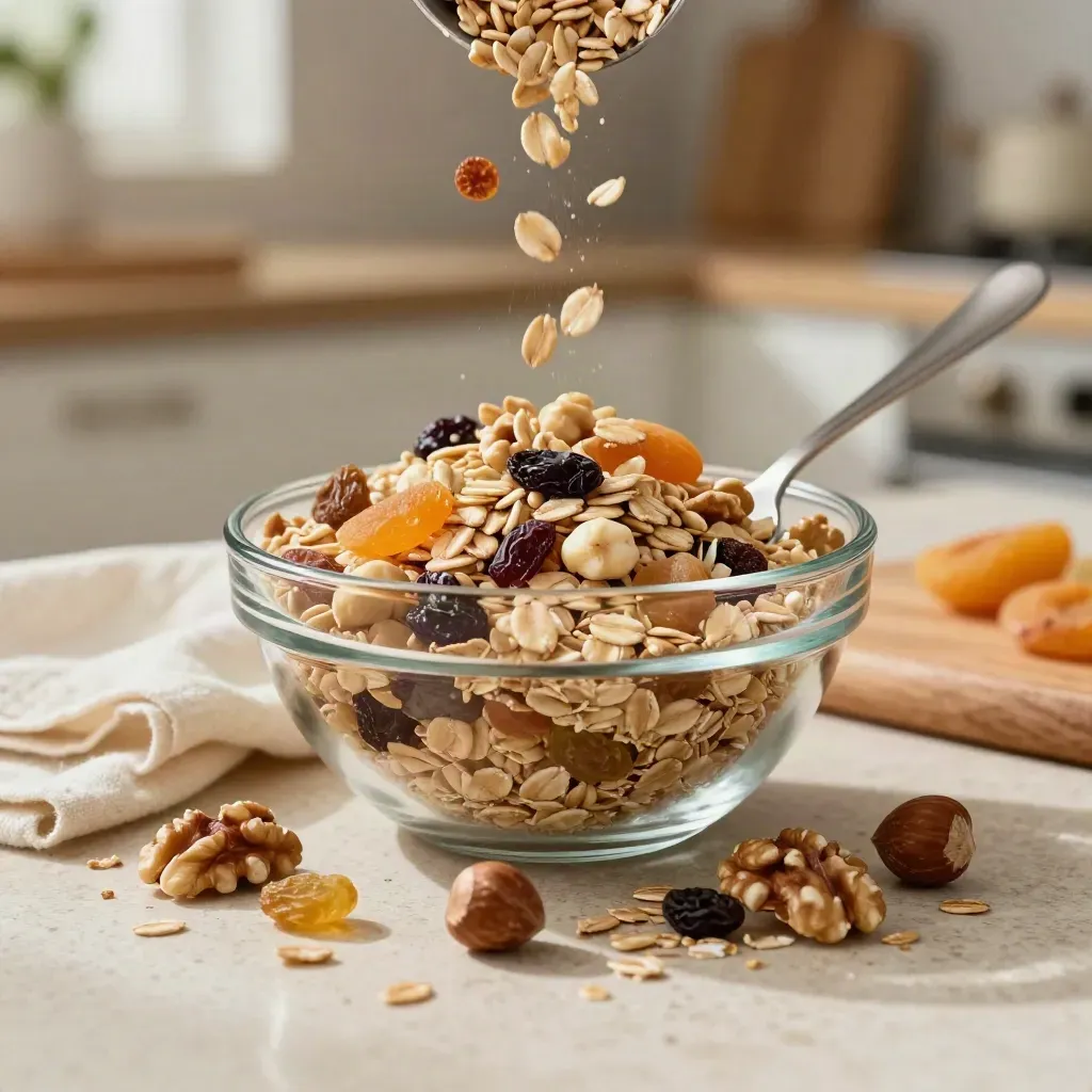 Muesli con frutta secca e avena in ciotola trasparente, in cascata su piano chiaro