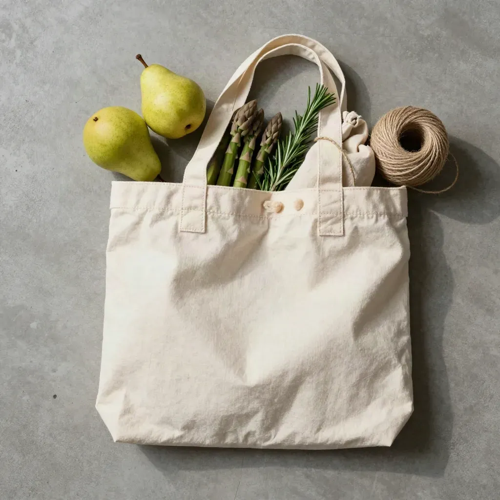 Borsa spesa in cotone piegata con frutta e verdure fresche su fondo in cemento.