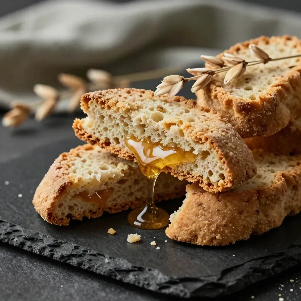 Biscotti integrali al farro e miele in pila, con briciole, miele e spiga d’avena su sfondo scuro