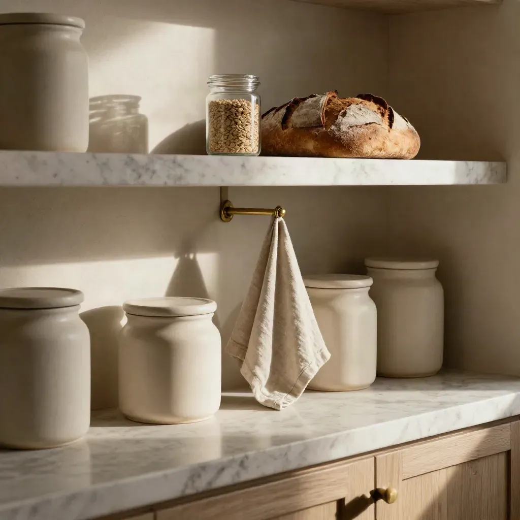 Dispensa bio luminosa con barattoli in ceramica, lino e pane morbido su marmo chiaro.