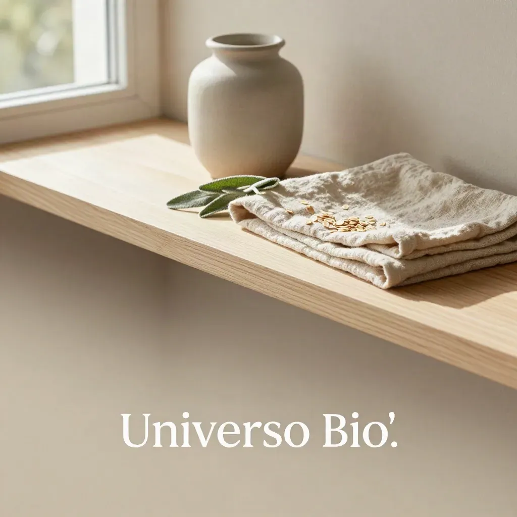 Ripiano in legno chiaro con lino piegato, rametto d’erba e vaso neutro alla luce del mattino.
