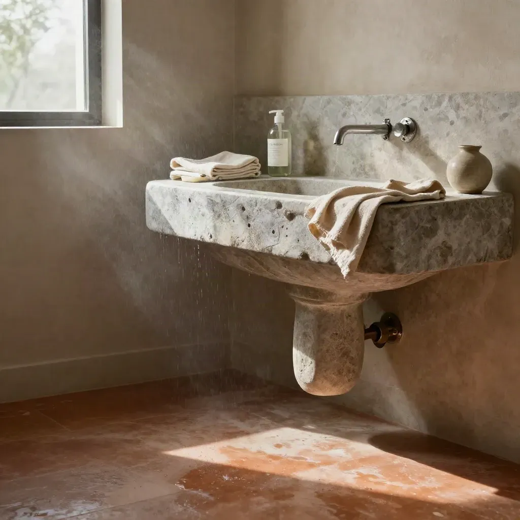 Nicchia lavanderia in pietra con lavello, luce dopo la pioggia e pavimento in terracotta.