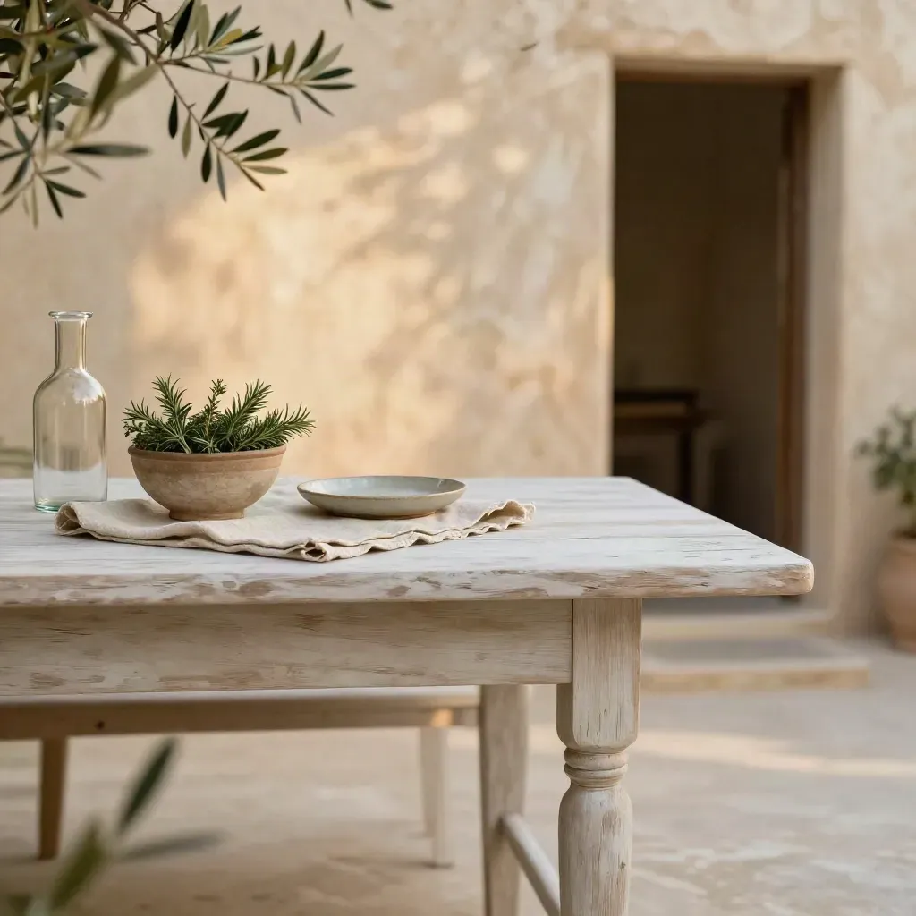 Cortile rustico con tavolo in legno, muro chiaro e ombra d’ulivo al tramonto